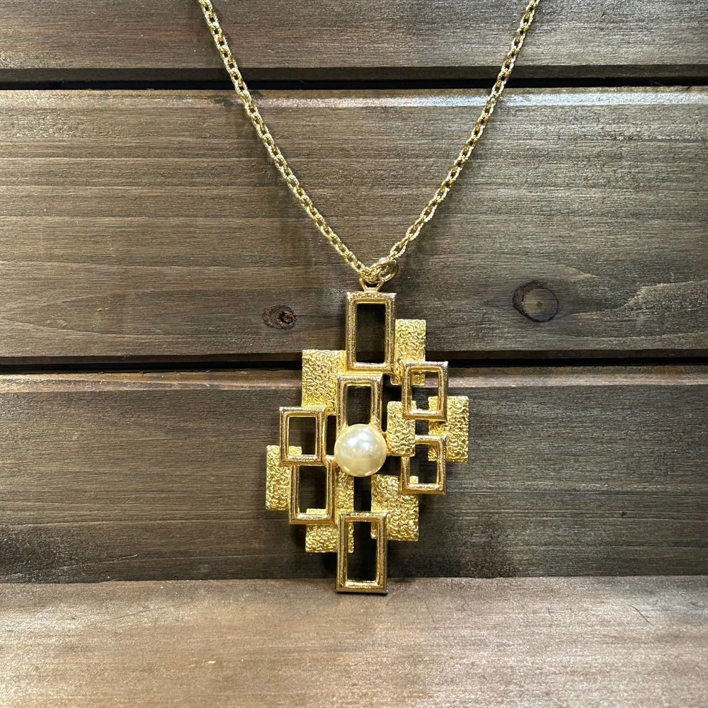 Vintage Geometric Brutalist MCM Statement Necklace with Pearl Accent 40"